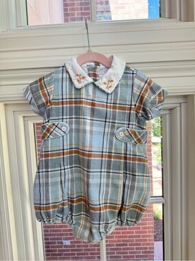 Plaid Peter Pan Collar Bubble Romper in Blue, Brown & Gray